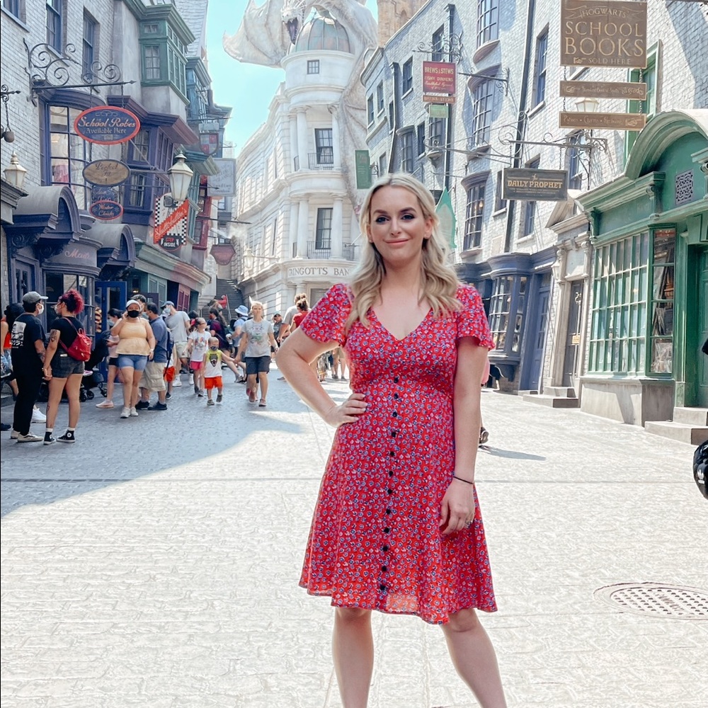Red and blue floral dress
